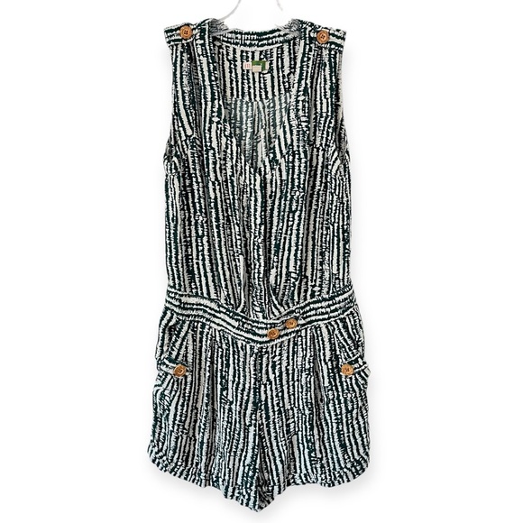 Anthropologie Ett Twa Safari V Neck Short Romper Green white Stripes (Sโฆ - Picture 2 of 14